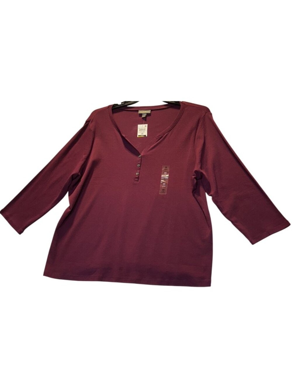 Style & Co Womens Plus Size 2X Burgundy 3/4 Sleeve Henley Top NWT